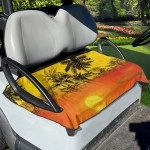UNICEU Tropical Palm Trees Golf Cart Seat Covers, Golden Sunset Print Golf Cart Seat Anti-Hot Towel Blanket with Holes Universal Fit 2-Person Golf Cart/Club Car Seat Cushion Covers, Easy to Install
