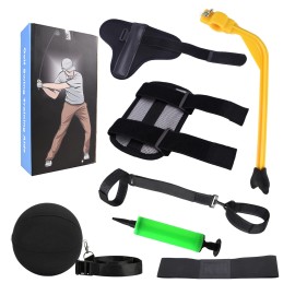 6 Pcs Golf Swing Training Aids Combo with Arm Band, Swing Correcting Tool, Elbow Correction, Wrist Brace Band, Leg Rod Corrector, Inflatable Ball with Air Pump for Men Women Golfer Beginner Practice