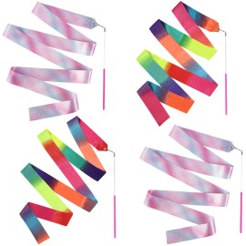 TOYMIS 4pcs?Ribbons for Gymnastics,?78.7?Inch Sparkling Dance Ribbon?Rainbow Ribbon Dancer Wand Streamer on a Stick?for?Kids?Girls?Artistic Dancing?Training Birthday?Party Favors