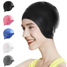 Okela Swim Cap,Silicone Swimming Caps for Women Men Comfortable Bathing Cap Long Hair Cover Ears Reinforced Edge Tear-Proof Design Non-Slip Swim Hat Keep Hair Dry (Black)