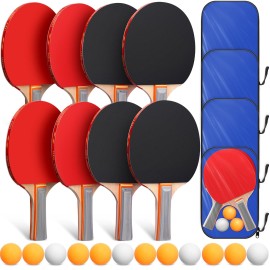 Liliful 8 Pieces Table Tennis Rackets Bulks Table Tennis Paddles Set Portable Table Tennis Accessories with 12 Table Tennis Balls and 4 Storage Bags for Indoor Outdoor Games