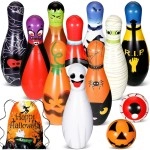 Liliful 13 Pcs Halloween Bowling Set Include 10 Colorful Soft Foam Pins 2 Bowling Ball Printed with Number 1 String Bag for Girl Boy Kids Toddler Outdoor Indoor Events Birthday Party Supplies Gift
