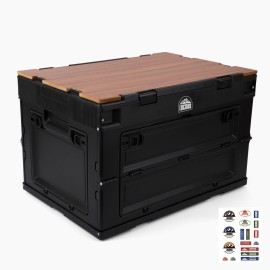 LUCIDUS Foldable Camping Storage Box with Wooden Lid and Stickers 50L Collapsible Crate for Camping, Picnic, and Outdoor Adventures Folding Storage Bin with Wooden Cover Matt Black