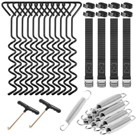 Tandefio 38 Pcs Trampoline Stake Anchor Kit Heavy Duty Trampoline Parts Set 12 Trampoline Stakes 12 Trampoline Springs 12 Strong Belt and 2 T Hooks Steel Corkscrew Shaped