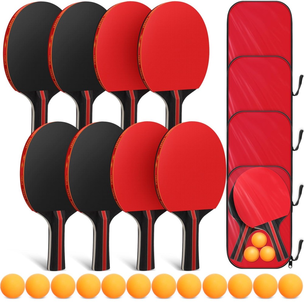 Liliful 8 Pieces Table Tennis Rackets Bulks Table Tennis Paddle Set Portable Table Tennis Accessories for Indoor Outdoor Games, Kids Adult Sport, with 12 Table Tennis Balls and 4 Storage Bags