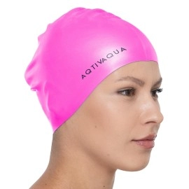 AqtivAqua Swim Cap for Women Swimming Cap for Men Adult Kids 6-14 Girls Boys Youth Hat Silicone Waterproof (Pink Color, Adult Size)