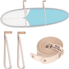 Hang 11 Surfboard Wall Mount - Hangers for Surf Board Snowboard Longboard Wakeboard, Sustainable Oak & Leather Rack, The Perfect Stand to Display Your Boards, Surfing Accessories for Storage (White)