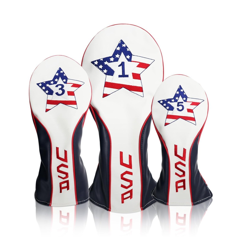 Golf Head Covers Wood Driver Fairway Rescue Putter Club Cover Sold in Seperate, Deluxe Synthetic Leather 1 3 X Headcover for Men Women (USA Stars-3Pcs(D+F+H))