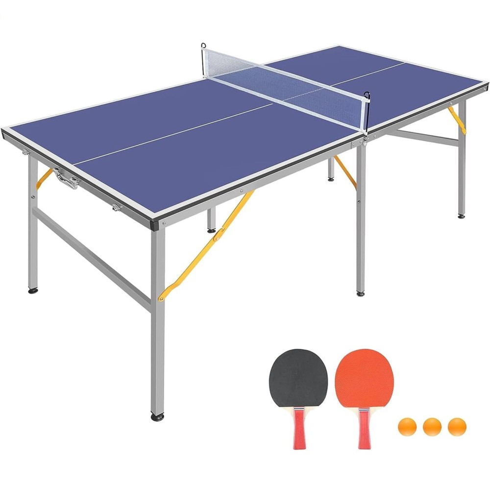 Mid-Size Table Tennis Table Foldable & Portable 6ft Ping Pong Table Set for Indoor & Outdoor Games with Net, 2 Table Tennis Paddles and 3 Balls