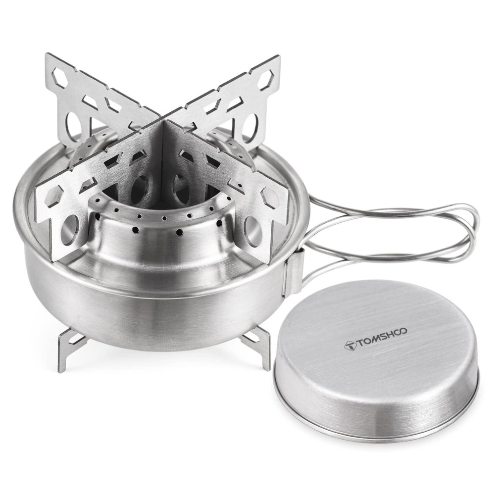 camping stove,HUIOP Camping Stove with Cross Stand and Lid Portable Outdoor Stainless Steel Stove with Foldable Handles for Camping Hiking Backpacking Picnic Survival