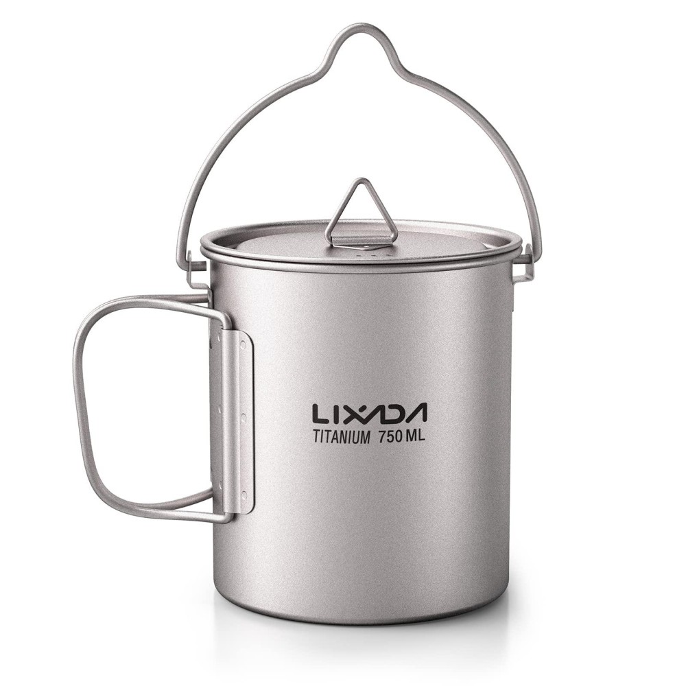 HUIOP Titanium Cup, Ultralight 750ml Titanium Pot Portable Titanium Water Mug Cup with Lid and Foldable Handle Outdoor Camping Cooking Picnic