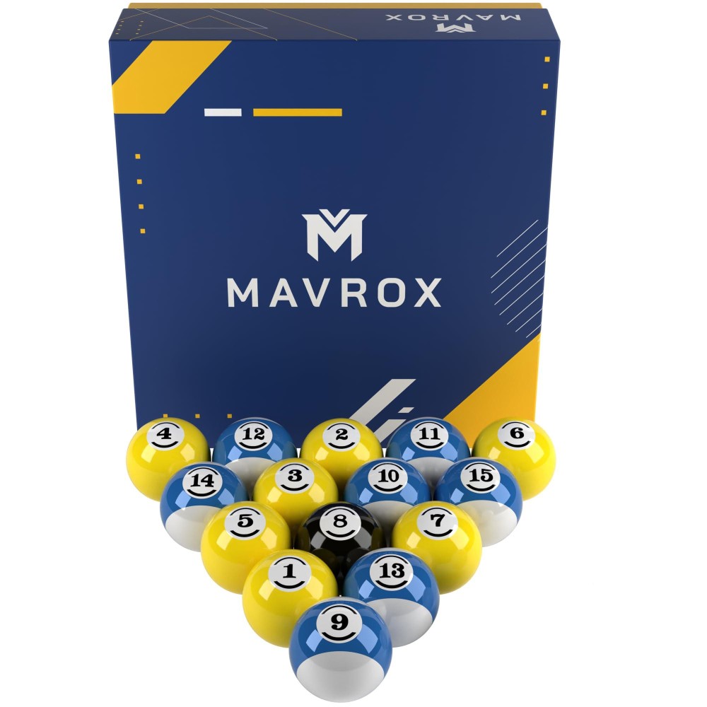 Mavrox Billiard Balls Set of 16 - Premium Polyester Resin Billiards Accessories - Vibrant Blue and Yellow Pool Table Balls - Regulation 2 ? Size and 6 Ounce Weight Pool Balls for Pool Table