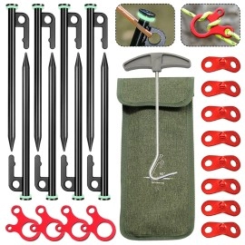 Tent Stakes, Tent Stakes Heavy Duty, 8 Pcs 12 inch Ground Stakes, with 8 Pcs Fluorescent Circles, 12 Pcs Binocular Wind Rope Buckle, 1 Storage Bag, 1 T Pull Hook for Outdoor, Camping, Travel