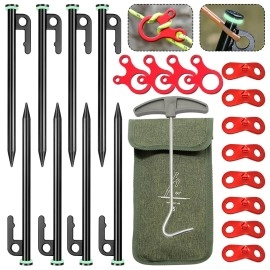 Tent Stakes, Tent Stakes Heavy Duty, 8 Pcs 8 inch Ground Stakes, with 8 Pcs Fluorescent Circles, 12 Pcs Binocular Wind Rope Buckle, 1 Storage Bag, 1 T Pull Hook for Outdoor, Camping, Travel