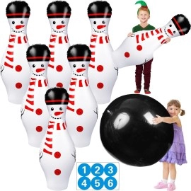 Poen 7 Pcs Christmas Giant Inflatable Bowling Set, Including 6 Pcs 27 Inches Snowman Bowling Pins and a 24 Inches Bowling Balls with Stickers for Boys Girls Adults Outdoor Indoor Games Family Party