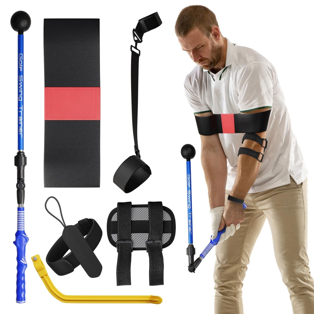 Outzporte Golf Swing Trainer Aid Set - Adjustable Golf Training Sticks with Elbow Swing Correcting Tool, Golf Wrist Hinge Trainer, Arm Band & More - Portable Golf Training Equipment for Golf Beginners