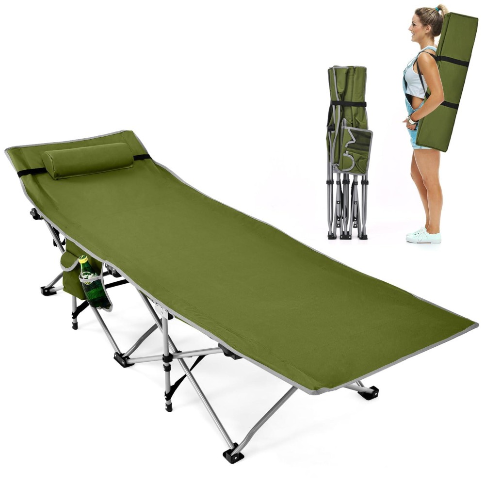 GYMAX Camping Cot, Folding Portable Lightweight Sleeping Cot with Pillow, 2 Side Pockets & Carrying Bag, 500 lbs Heavy Duty Outdoor Cot Bed for Camping Hiking RV Traveling Beach Office (Green)