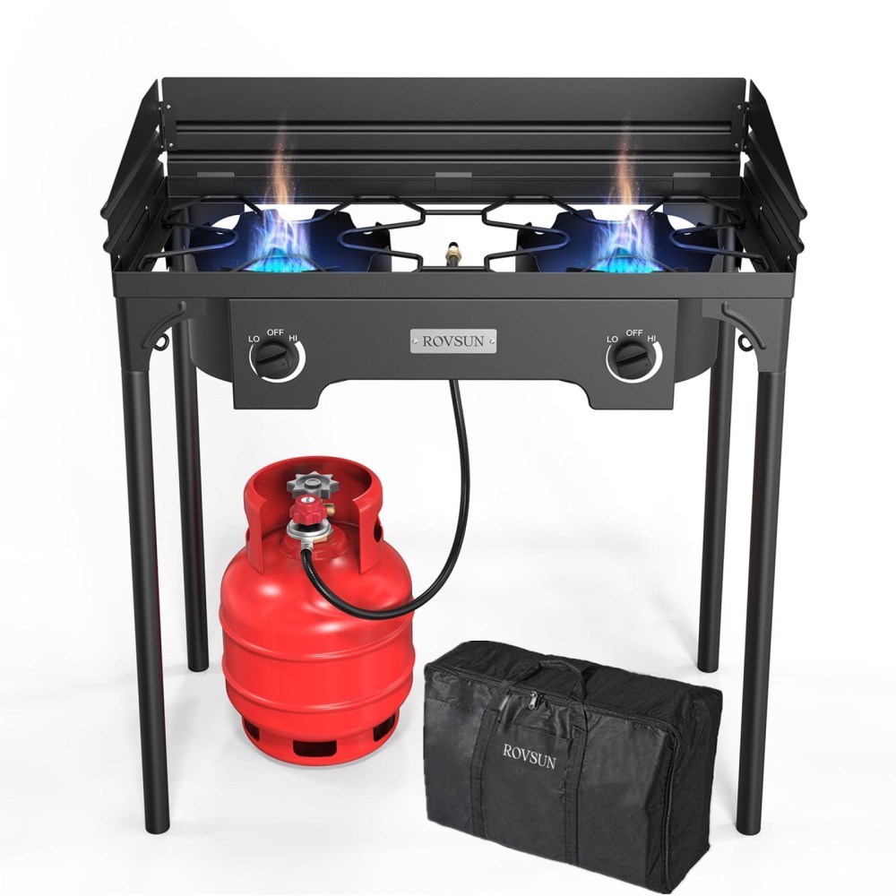 ROVSUN 2 Burner Outdoor Propane Gas Stove with Windpanel, Carrying Bag & Regulator, 150,000 BTU Stand Cooker for Backyard Cooking Camping Home Brewing Canning Turkey Frying