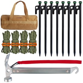 Mongpiens Heavy Duty Tent Stakes Set - 8 Steel Pegs(12inch), Hammer, 13ft Reflective Ropes, Adjusters, and Storage Bag for Camping, Hiking, Backpacking, and Gardening