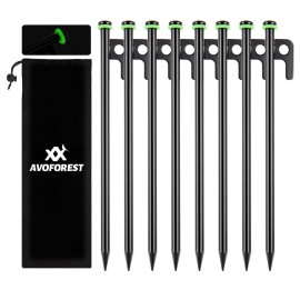 AVOFOREST Tent Stakes,Heavy Duty Metal Tent Pegs + Storage Bag +Fluorescent Silicone Ringsfor Camping 12 inchs 8pcs