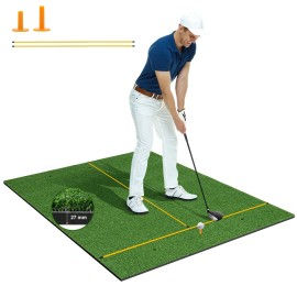 GYMAX Golf Mat, Artificial Turf Golf Hitting Mat w/ 2 Alignment Sticks & 2 Rubber Tees, Thick Golf Practice Mat Training Aid?for Backyard, Golf Chipping Swing Mat for Indoor/Outdoor (5 x 4 ft, 27 mm)