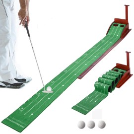 Golf Putting Green Mat Practice Indoor - Training Putting Matt with 4 Golf Balls & 3 Holes Putting Mats Wooden Pole Auto Ball Return Golf Mats for Mini Games Practicing at Home Office Backyard Balcony