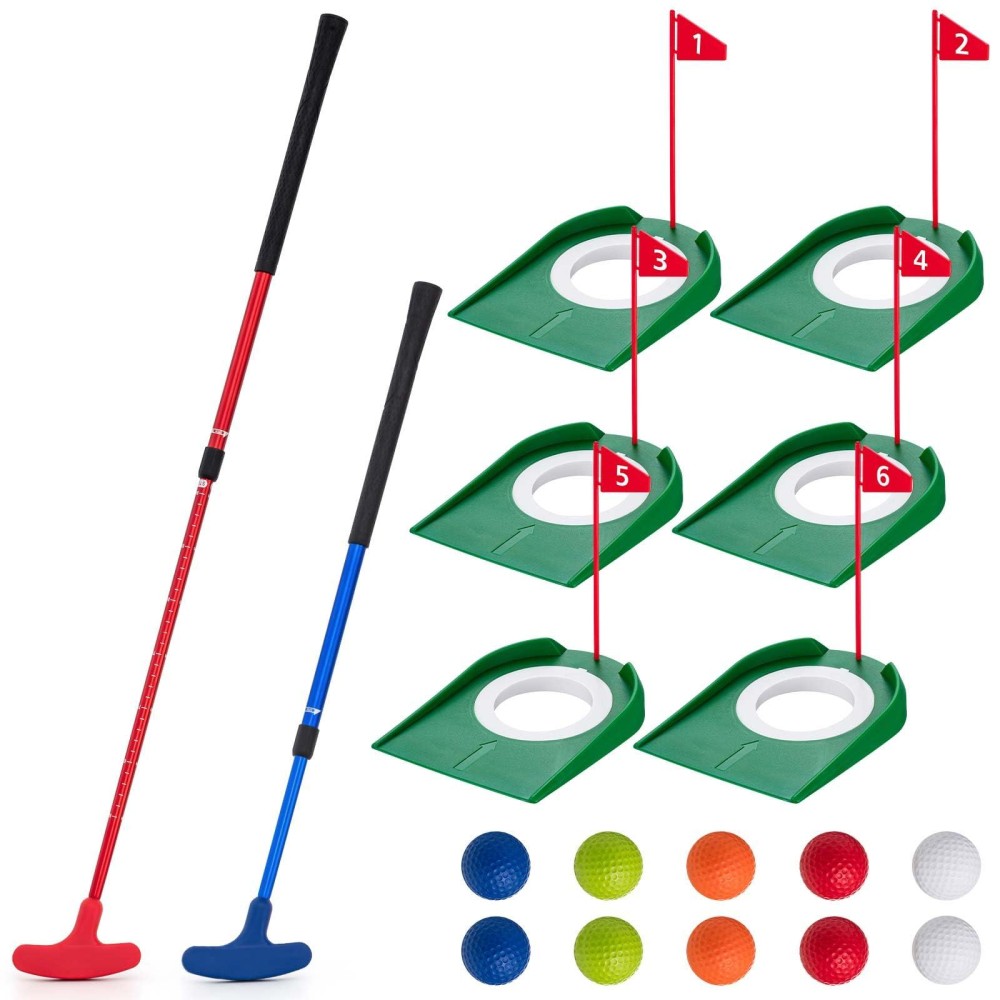 Lenwen Mini Golf Putting Set Including 2 Pcs Golf Putter Adjustable Length 2 Way for Right or Left Handed Golfers 10 Practice Golf Balls 6 Golf Putting Cup with Flags for Kids Indoor Outdoor Training