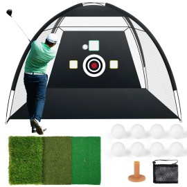 Golf Net,10x7ft Golf Practice Net with Tri-Turf Golf Mat,All in 1 Home Golf Hitting Aid Nets for Backyard Driving Chipping Swing Training w/Target/Mat/Balls/Tee/Bag - Men Indoor Outdoor Sports Game