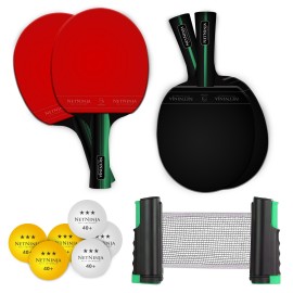 NetNinjaProfessional Table Tennis Racket Ping Pong Paddle 4-Set with 6 Balls & Portable, Retractable Net - Durable Made with Genuine Wood with Oxford Cloth Carry Bag