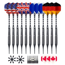 Wolftop 12 Pack Soft Tip Darts - Plastic Tip Darts 18 Grams with 100 Extra Dart Tips, 15 Flights, Dart Flight Protector, Aluminum Shafts and Rubber O-Rings