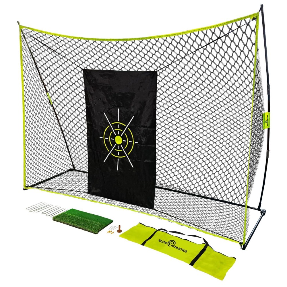 Elite Athletics Golf Net, 10 x 7 ft Golf Practice Net and Chipping Net with Golf Mat, Impact Target, Rubber Golf Tee, and Carry Bag for Backyard, Garage, and Indoors