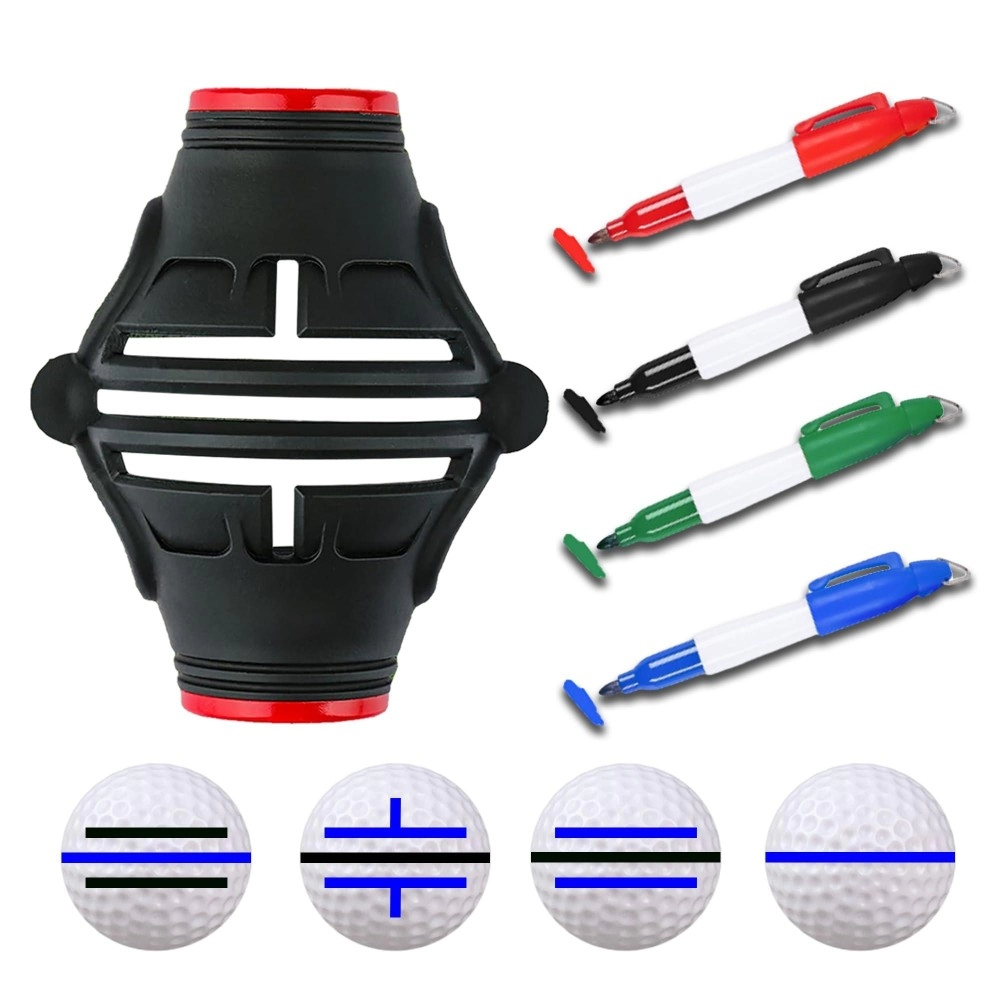 Golf Ball Marker Stencil with 4 Color Marker Pens, 360/180 Degree Triple Line Golf Ball Markers, Precision Golf Ball Liner Drawing Marking Tool Kit with Gift Box, Golf Accessories for Men Women (Red)