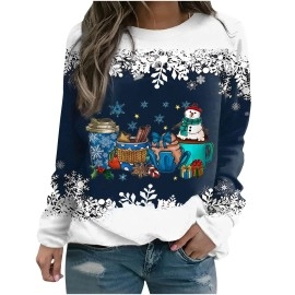 Vacation Outfits for Women, Oversized Tshirts Shirts for Women Business Casual Tops for Women Womens Christmas Crewneck Sweatshirt Long Sleeve Lightweight Blouse Xmas Holiday (Dark Blue,XXL)