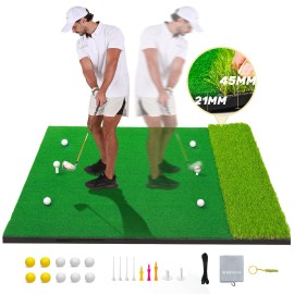 MyVoice Golf Hitting Mat - Pro 5x4ft Premium Indoor/Outdoor Training Mat for Chipping, Swing, Driving 2 Grass Turf Options, Thickened Design (21/45mm) High-Elastic, Non-Slip Base
