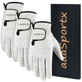 aaasportx 3 Pack Men? Golf Gloves, Durable White Cabretta Leather All Weather Golf Gloves Men (Medium, Right)