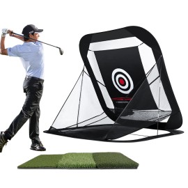 Foldable Golf Hitting Net, Automatic Ball Return System Indoor Golf Practice Nets with Carry Bag Straw Mat, Golf Training Aid Net for Indoor or Outdoor Use