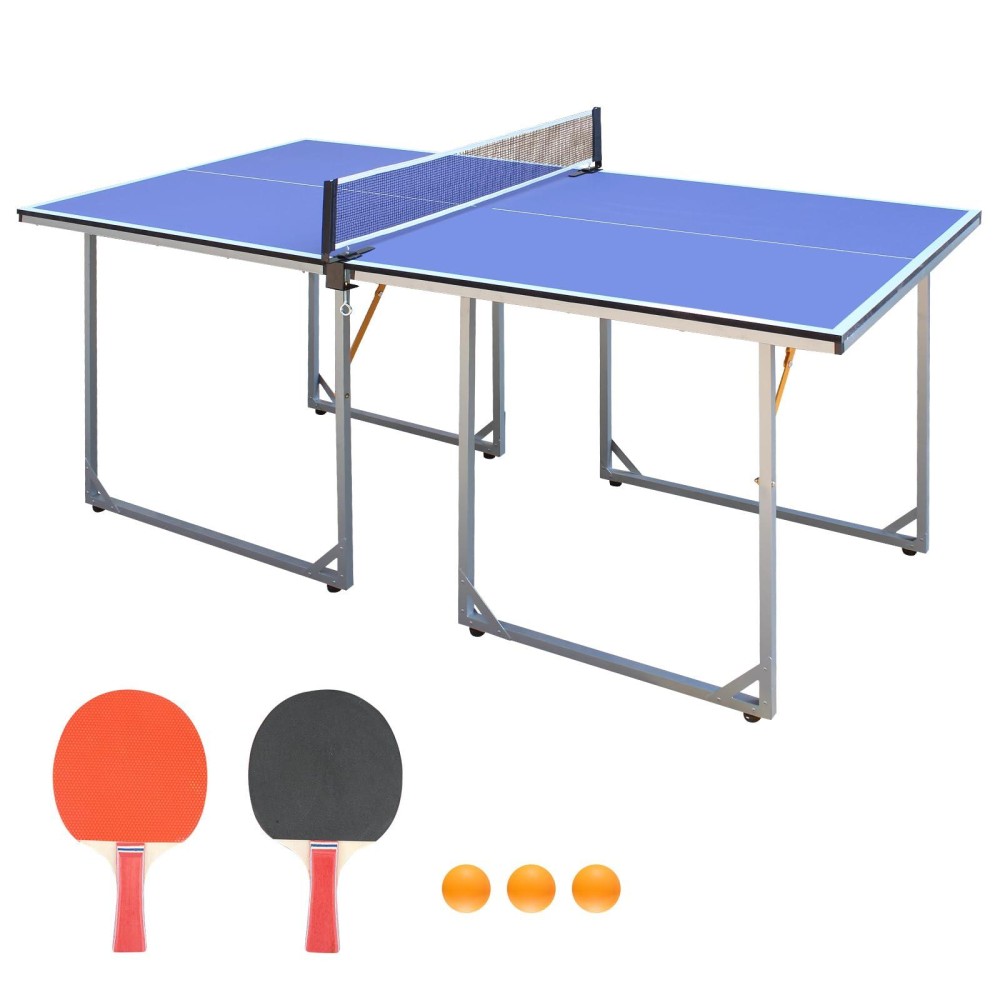 6ft Mid-Size Table Tennis Table, Compact Portable Ping Pong Table Set for Small Spaces and Apartments, Indoor & Outdoor Foldable Games Table- No Assembly Required(Blue-Half Table)