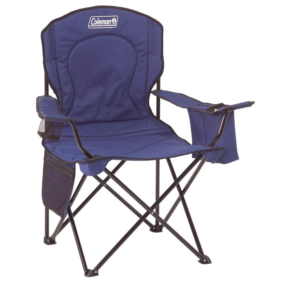 Coleman Polyester Sturdy Foldable Oversized Quad Camping Chair With Attached Can Cooler And Cup Holder (Blue)