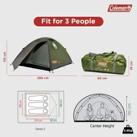 Coleman Polyester Darwin 3 Person Camping Dome Tent | Full Waterproof Fly Sheet | Suitable For All Seasons (Get Complimentary 2 Coleman Byot Camping Nightout Event Passes)