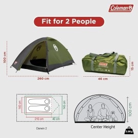 Coleman Polyester Darwin 2 Person Camping Dome Tent, 5-10 Minutes Easy Setup | Full Fly Waterproof Sheet | Suitable For All Season (Get Complimentary 2 Coleman Byot Camping Nightout Event Passes)