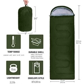 Sleeping Bag, Lightweight 3 Season Weather Sleep Bags For Kids Adults Girls Women, Microfiber Filled 5-20 Degree For Backpacking/Hiking/Camping/Mountaineering With Compression Sack Green