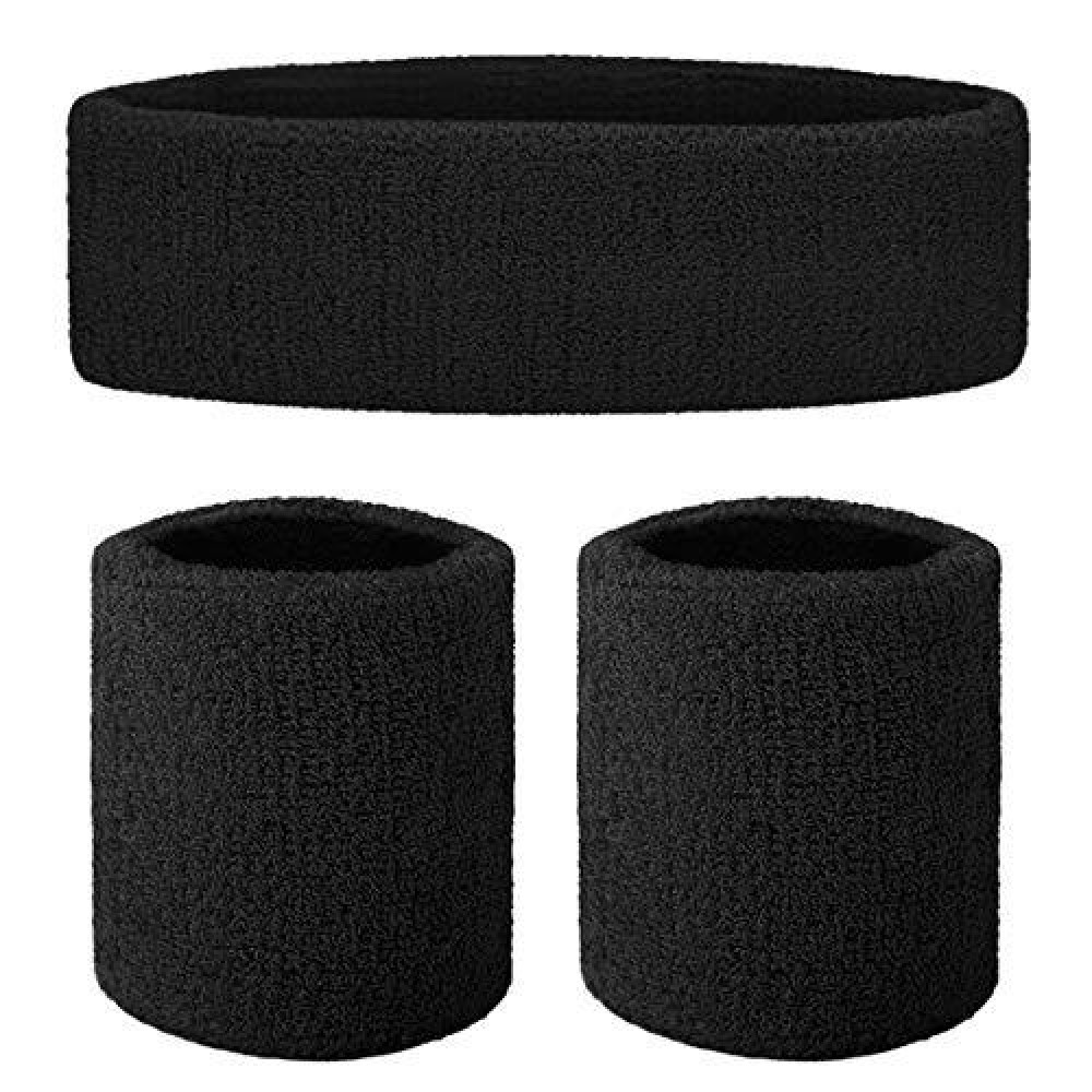 Prash Sports Headband And Pair Of Wristband (5 Inch) (Black) Sport Sweat Band Workout Tennis Cycling Gym Football Cricket (Black, 3)