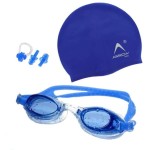 Arrowmax 100% Silicone Anti Fog Swimming Goggles,Cap,Earplug & Noseplug Set- Ideal For All Age Group | Silicone Non Slip | Easy To Carry And Skin Friendly- By Arrowmax (Blue)