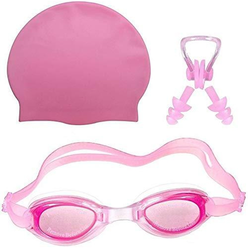 Arrowmax 100% Silicone Anti Fog Swimming Goggles,Cap,Earplug & Noseplug Set- Ideal For All Age Group | Silicone Non Slip | Easy To Carry And Skin Friendly (Pink)