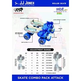 Jj Jonex Attack Adjustable Skates Combo (Skates+Helmet+Knee Pad+Elbow Pad +Skates Gloves + Key+Bag) Suitable (Myc) Helmet Blue(Age 11 Above (Large))