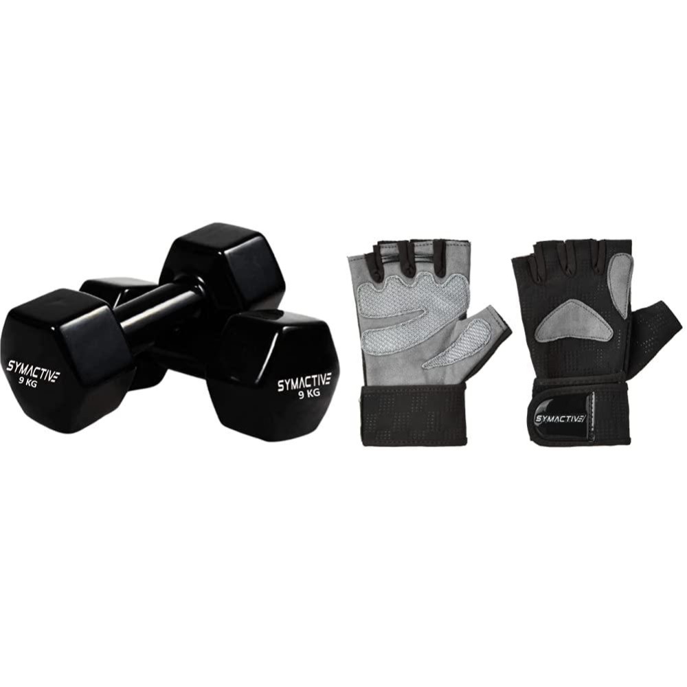 Symactive Vinyl Dumbbell, Set Of 2, 9 Kg & Gym Gloves, Set Of 2, Large, Warrior, Dark Grey