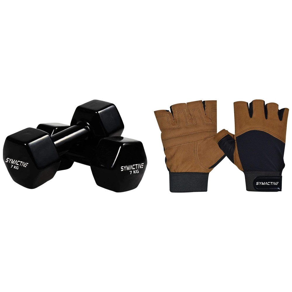 Symactive Vinyl Dumbbell, Set Of 2, 7 Kg & Gym Gloves, Set Of 2, Large, Vision, Brown Black