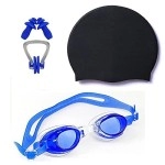 Arrowmax 100% Silicone Anti Fog Swimming Kit Of Goggles,Cap,Earplug & Noseplug Set- Ideal For All Age Group | Silicone Non Slip | Easy To Carry And Skin Friendly (Black/Blue)