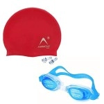 Arrowmax 100% Silicone Anti Fog Swimming Kit Of Goggles,Cap,Earplug & Noseplug Set- Ideal For All Age Group | Silicone Non Slip | Easy To Carry And Skin Friendly (Red/Green)