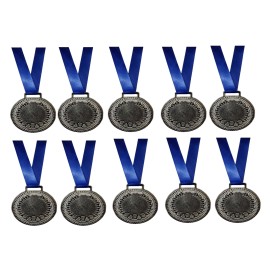 Eknoor Sports Silver Medal With Blue Ribbon (Silver) (Set Of 10) Size 2 Inch. For School Winners, Sports, Athletic Games